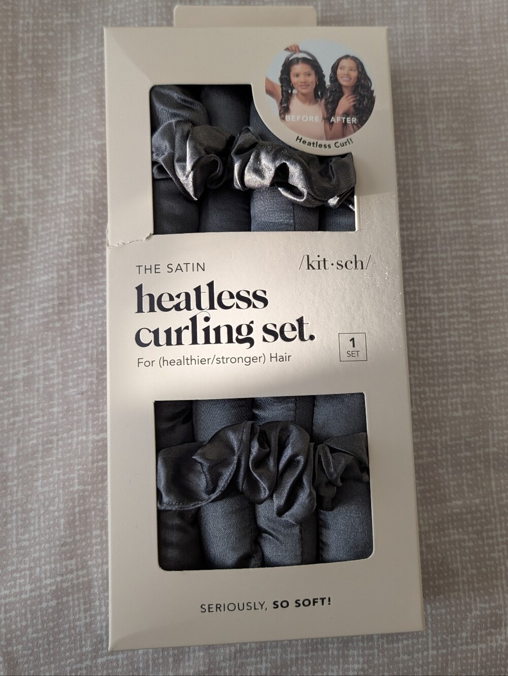 kitsch the satin heatless curling set in dark gray, brand new